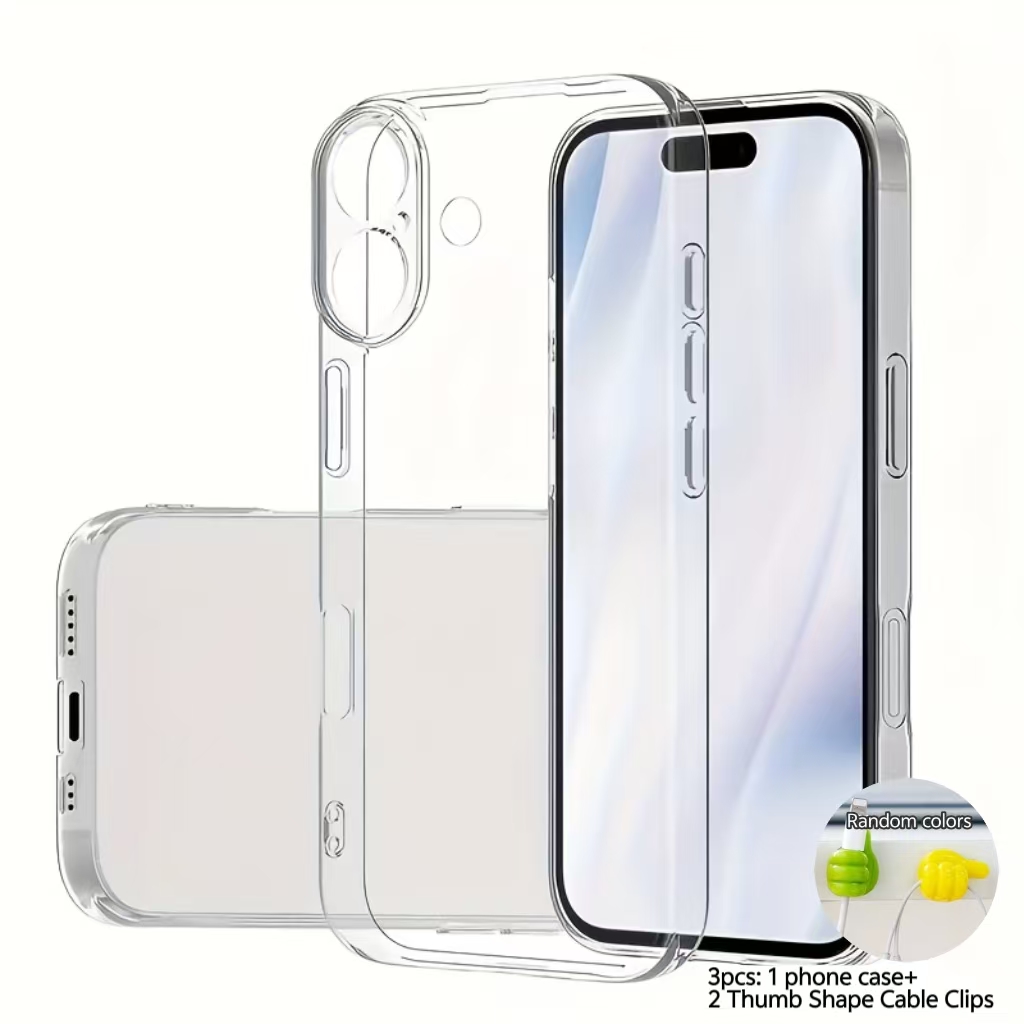 TEMU Phone Case - 3pcs (1 Phone Case And 2pcs Thumb Shape Cable Clips) New Transparent Ultra-thin Hard Phone Case - Anti-fall Protection, For Iphone
