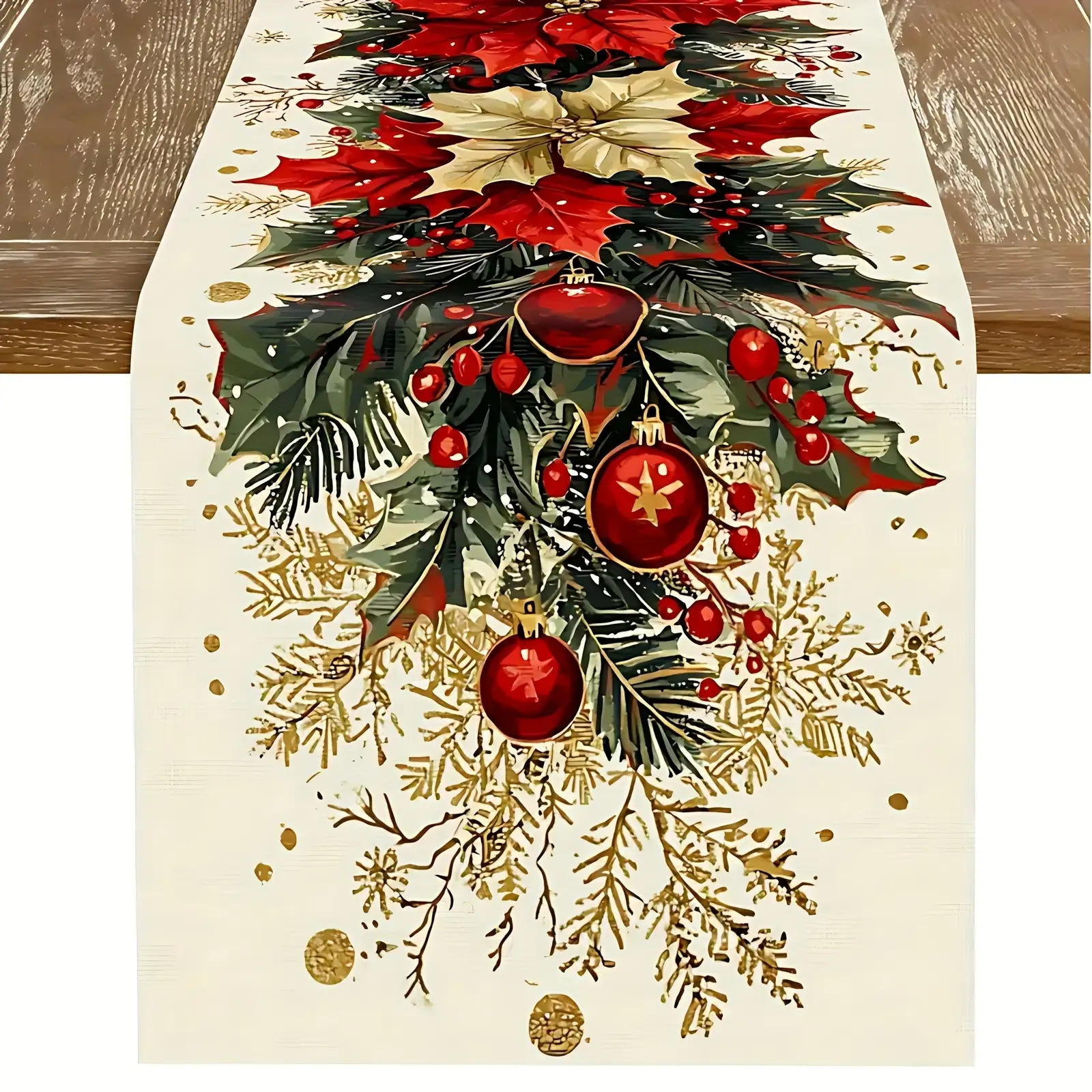 1pc Christmas Floral Table Runner - Red And Cream Poppies, Holly Leaves, Golden Accented Red Decorative Balls, Showcasing Festive Opulence, Suitable For High-end Christmas Dinners, Holiday Decor