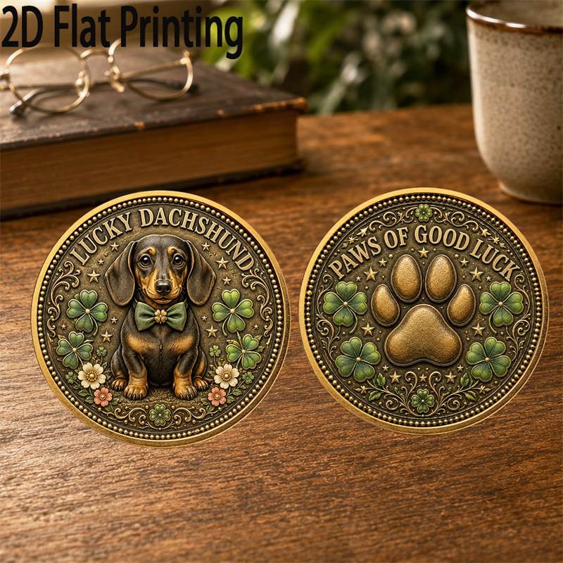 TEMU 1pc, Dachshund Commemorative Coin, Double-sided Paws Of Good Luck Collectible Coin, Clover Paw Print And Cute Puppy Theme Token, Protection