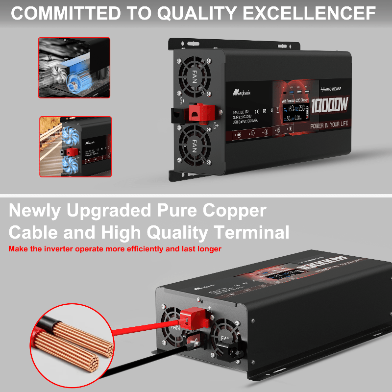 Image of 10000w Pure Sine Inverter 12v To 220v/230v With Lcd Display For Real-time Monitoring, 2 European Standard Sockets, Qc3.0 Usb Port, And Type-c Port - Ideal For Home, Rv, Truck, And Off-grid