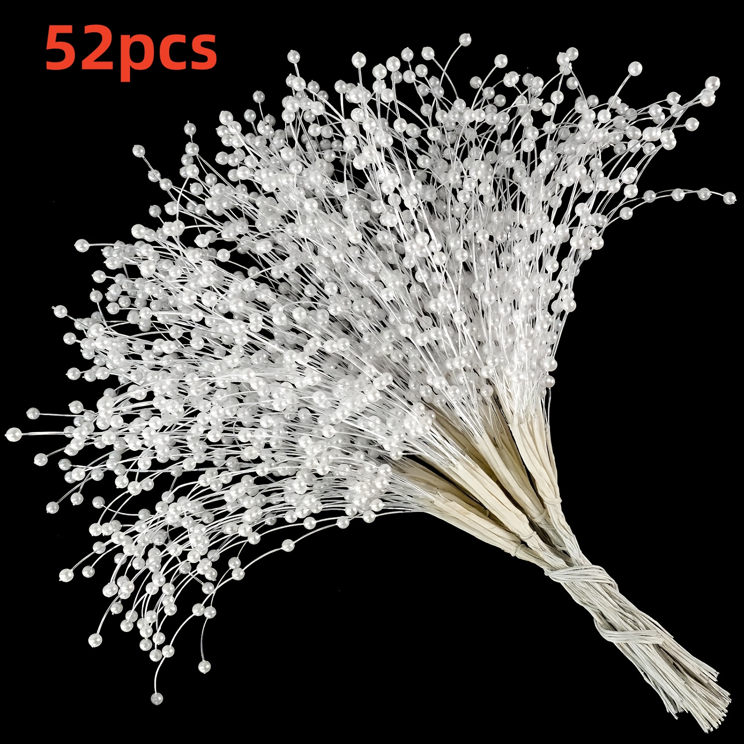 Image of 52pcs Pearl Stems Bouquet, 4mm Bead Wreath Beading Filler Floral Arrangement Tree Stick Wedding Party Decor, Bride Wedding Pearl Bouquet Party Decor, Christmas Decor, Christmas Tree Decor Halloween