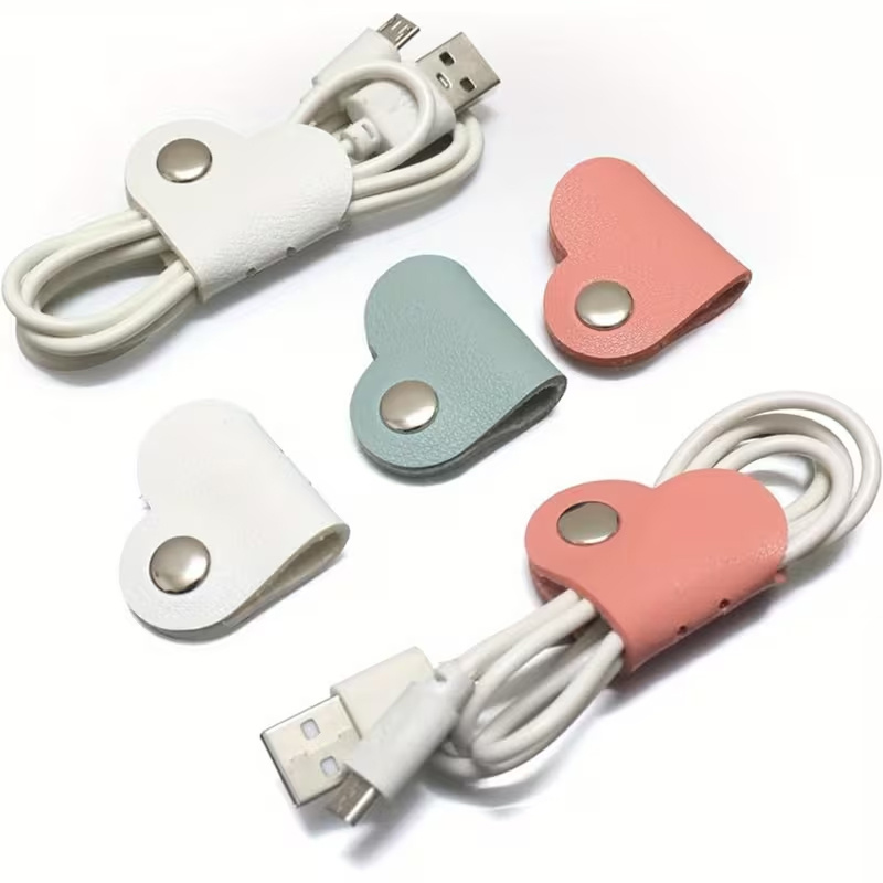 15pcs Heart-Shaped Faux Leather Cable Straps in Random Colors