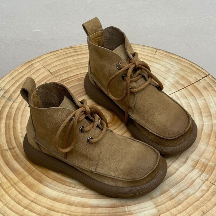 Image of Women Retro Ankle Booties Round Toe Lace Up Thick Platform Sole Casual Short Boots For Ladies Daily Outdoor Wear Versatile Autumn Winter Shoes, Women Shoes