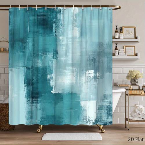 صورة العنصر ستارة حمام عصرية مجردة تتميز بلمسات أزرق لؤلؤي وأزرق تيل، مصنوعة من قماش البوليستر، تأتي مع 12 خطاف، مصممة لتزيين حمامك بتصميم أنيق