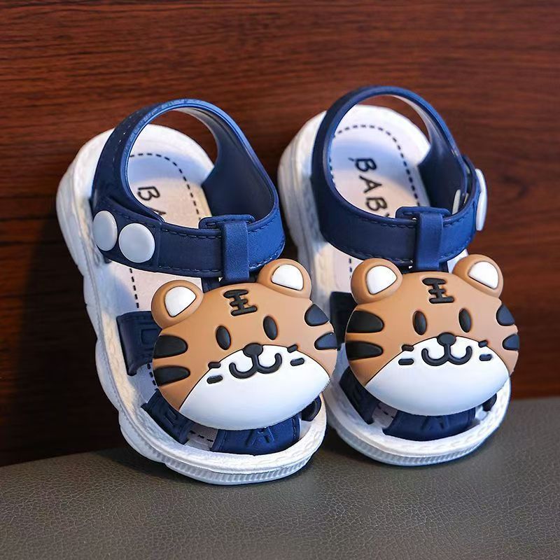 Infant Cartoon Tiger Sandals for Boys and Girls - Summer 2024 Soft Sole Anti-Slip Toddler Walking Shoes with Buckle Closure, Low Top, PVC Upper, Sole and Insole - Baby Protective Toe Cap Sandals