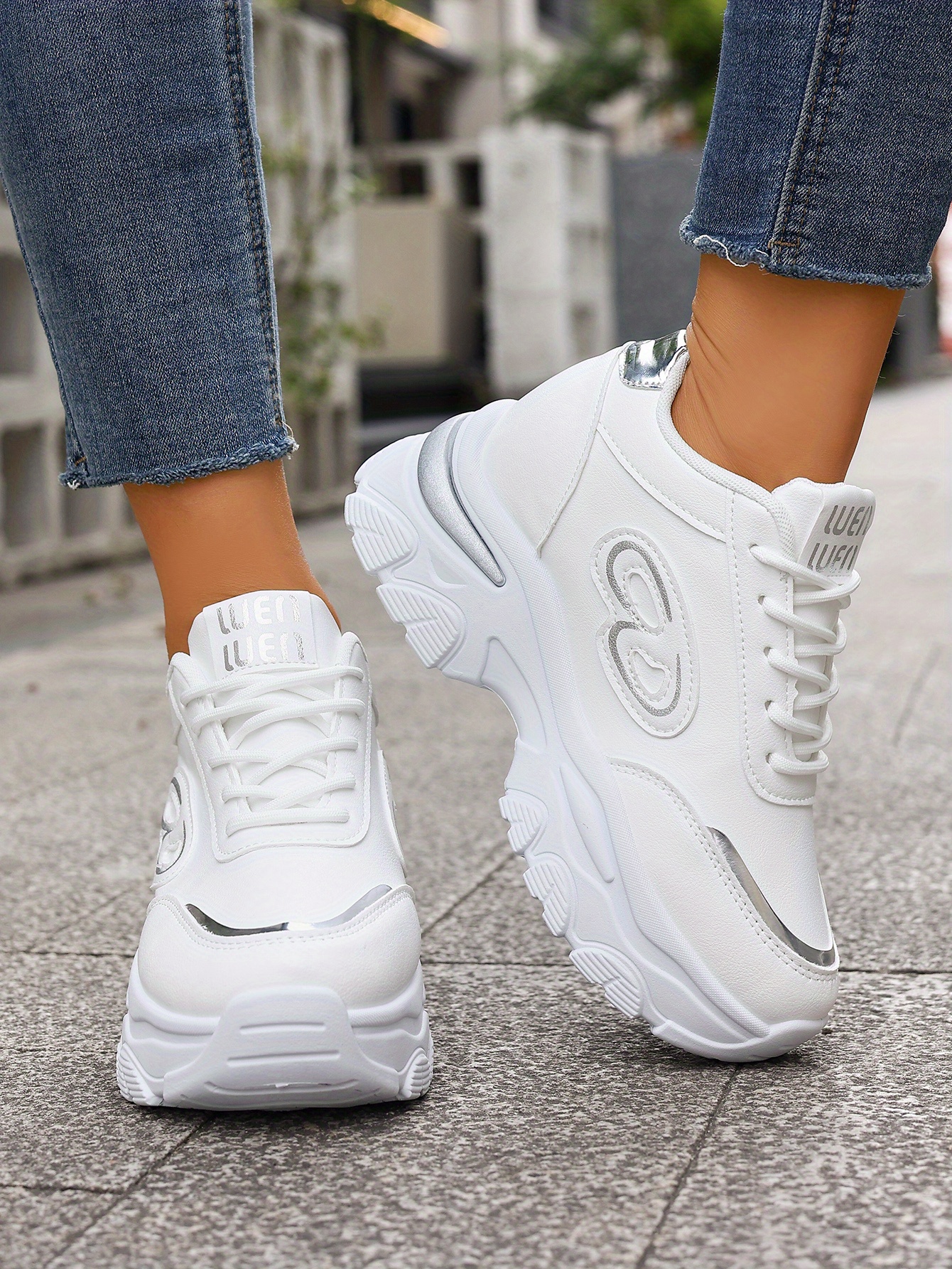 womens fashion chunky sneakers white synthetic low top Temu