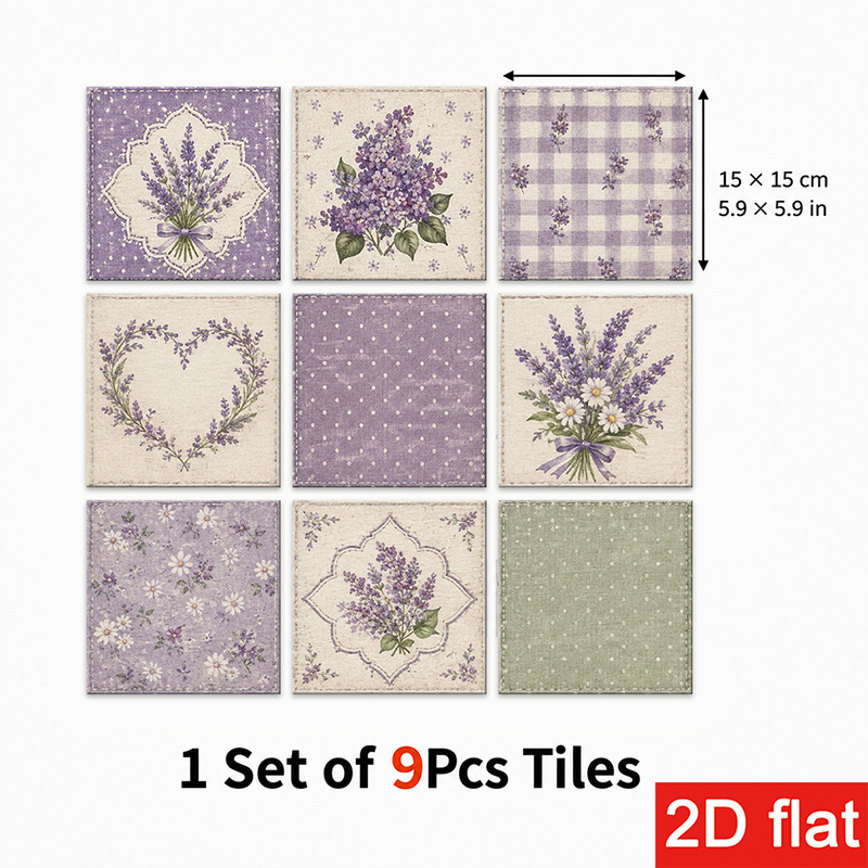 TEMU Stickers de carreaux de schiste 2D plats 9 pièces 15X15Cm (5.9X5.9In) Vintage : carreaux muraux autocollants avec motif floral , palette violet