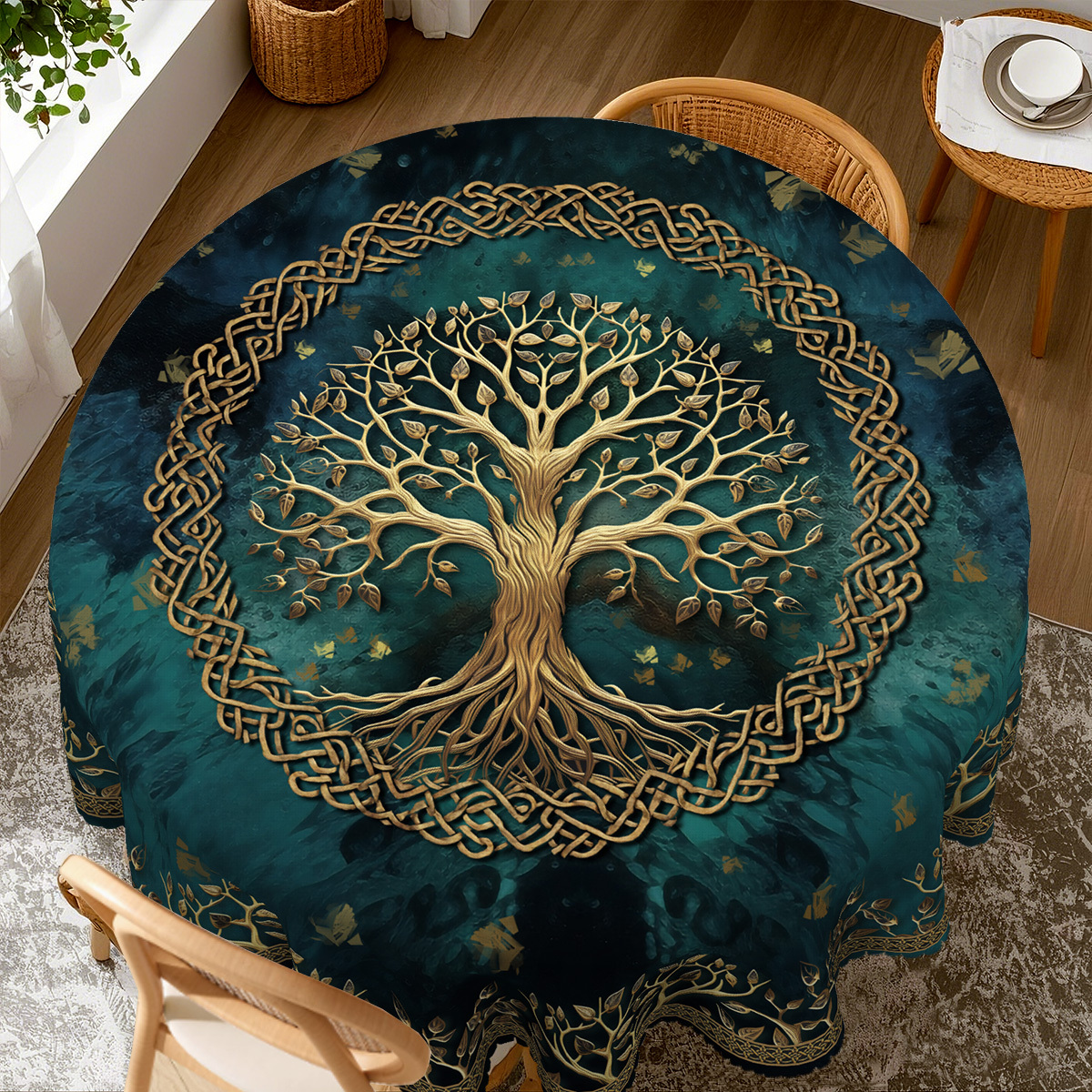 TEMU Tablecloth Featuring Of - Made From 100% Polyester, In Round, Rectangular, And Oval Shapes, Deep Teal Color With Golden Highlights And Detailed Branch Patterns