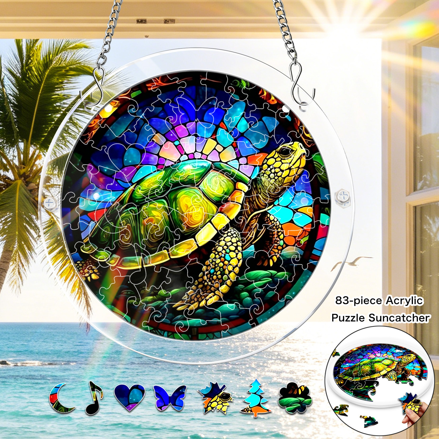 item picture 1 set colorful turtle acrylic puzzle sun catcher 83pcs 7 4 inch stained style sunset puzzle sun catcher window hanging decoration suitable for beach and balcony summer   catcher suitable for home and office and cottage ocean coastal