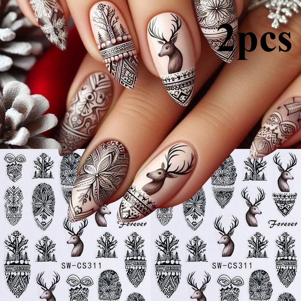 2pcs Winter Elk & Deer Nail Art Stickers - Self-adhesive 3d Animal Print With Elk/deer & - For Christmas, New Year /pedicures - Shiny Diy Nail Decals, - For Gel Polish,, Nails (no Lamp) -