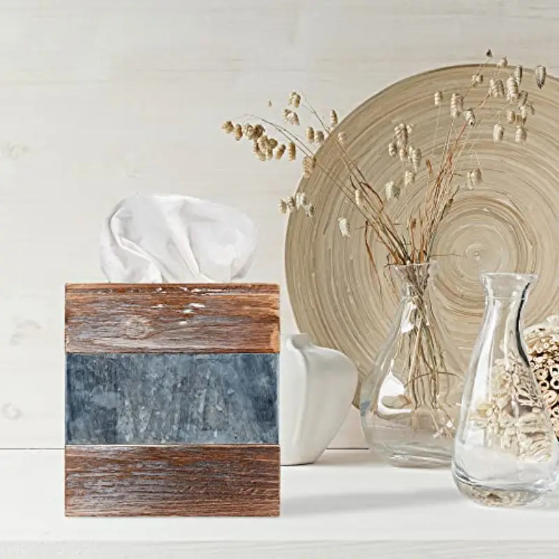 rustic metal & square tissue box cover - farmhouse bathroom decor with antique , 6x6x6 inch decorative holder for tissues, country home décor, sturdy metal frame & wood , space-saving tissue dispenser for living room, bedroom, or bathroom - easy to clean, versatile storage solution, rustic charm with texture, durable metal construction, modern or vintage , tissue box with storage, bathroom tissue Product details 2