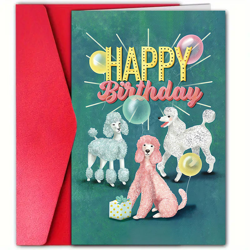 TEMU 1 Adorable Dog-themed Birthday Card With Envelope, 4.72 X 7.09 Inches - "happy Birthday" Glitter Design Featuring Colorful Balloons And A Poodle