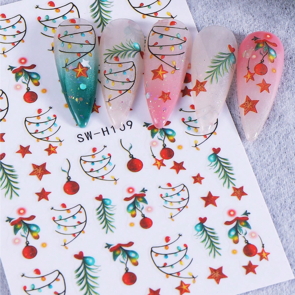 TEMU 1pc 3d Christmas Nail Stickers Glow In The Dark Luminous Xmas Nail Decals Christmas String Light Pine Sprig Art Stickers For Xmas Party Manicure