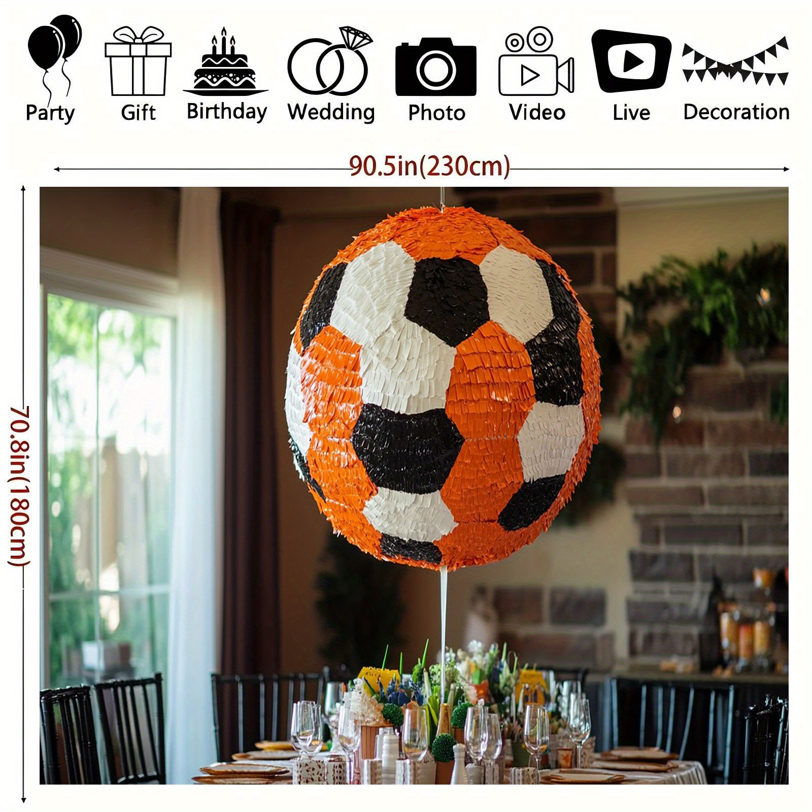 TEMU . Riesiger Fußball-Piñata - Strapazierfähiges Polyester-Partybanner für Fußball-Themenveranstaltungen, Geburtstage & Feiern, Oranges & Schwarzes