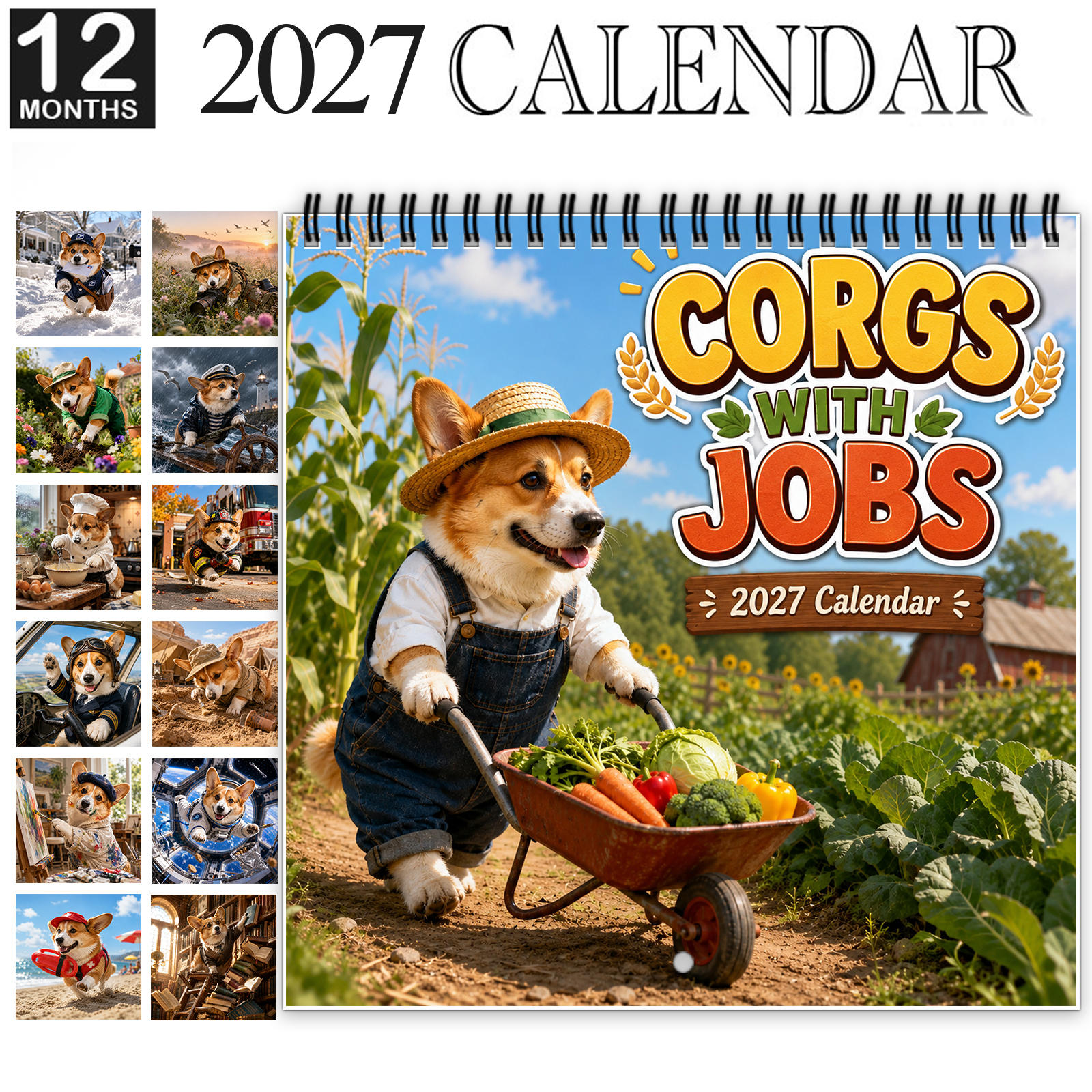 TEMU 1pc 2027 Corgis With Jobs Wall Calendar, Spiral-bound 12-month Monthly Planner With Thick Glossy Paper, Displays Hardworking Dogs In Farm &