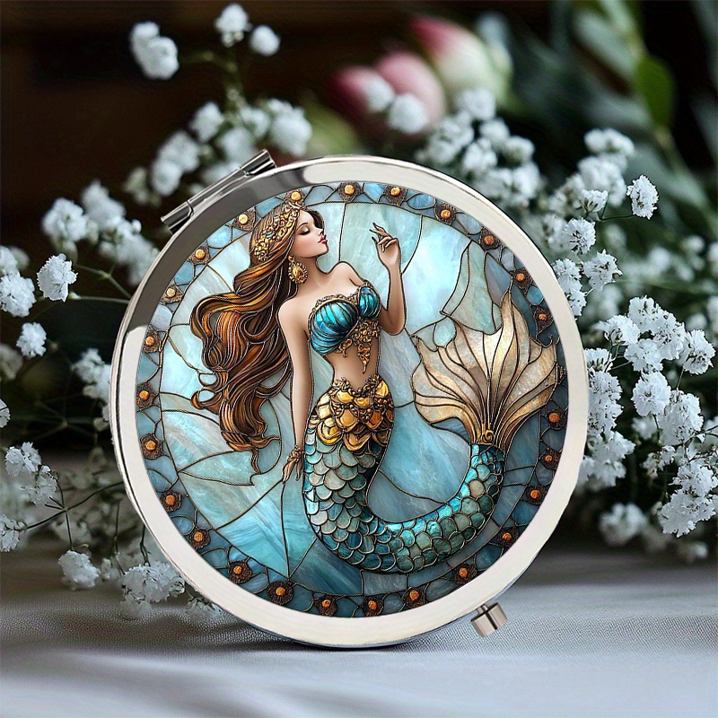 TEMU Portable Compact Folding Mirror With Mermaid Design - Handheld Round Mirror Suitable For Travel Makeup Touch-ups, Lightweight For Outdoor Use &