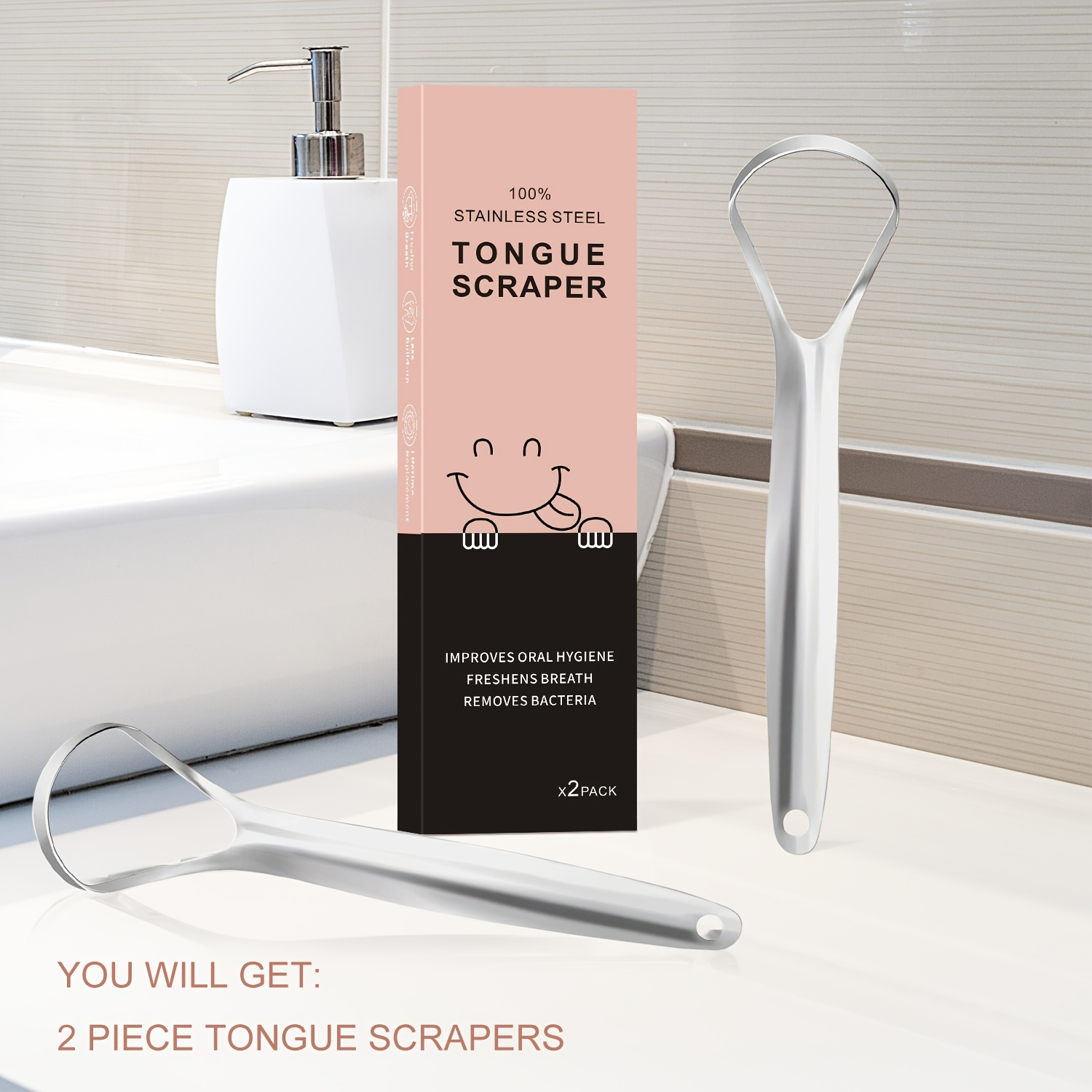 2pcs Stainless Steel Tongue Scraper for Adults - Curved Design Oral Hygiene Tool, Odorless & Hygienic Tongue Cleaner for Fresh Breath, Daily Dental Care, Sleek Metallic Finish, Smooth Finish on the go