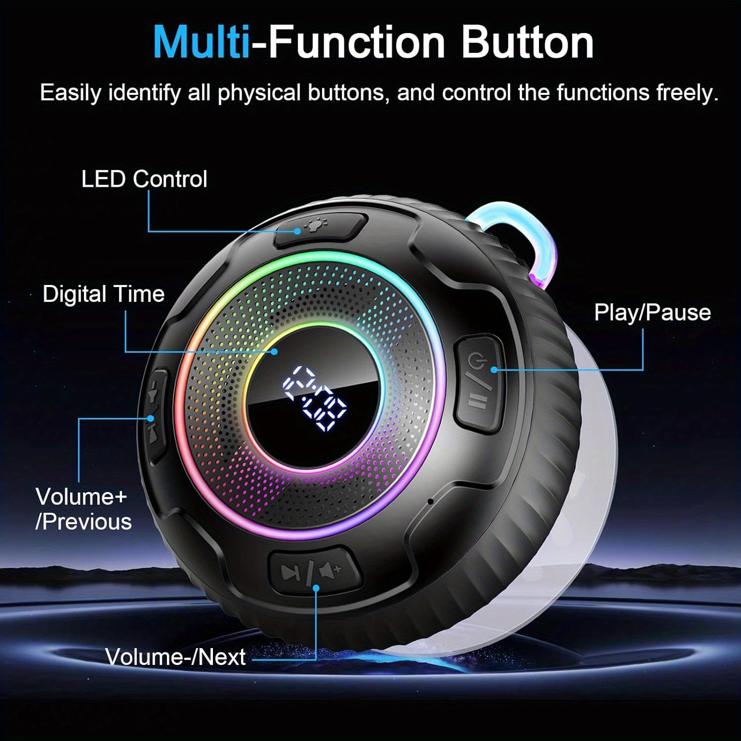 portable speaker wireless speaker with suction   display dynamic led lights stereo pairing hands free speaker with microphone 10 hour playtime   for car backpack use versatile multi function speaker Product details 7