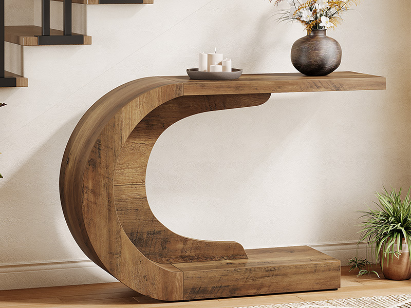 Modern Entryway Table - Extra Long 109.98cm Console Table for Living Room, Hallway, Foyer - Space-Saving C-Shaped Leg Design, Easy Assembly, Brown Finish - Sturdy Hardwood-like Construction for Narrow Hallways & Large Spaces