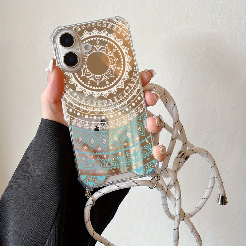 TEMU Phone Case: Luxury Creative All-inclusive Four-corner Shockproof Design Grey & Pattern Mirror Hanging Cord Phone Case For Iphone 16 15 14 13 12