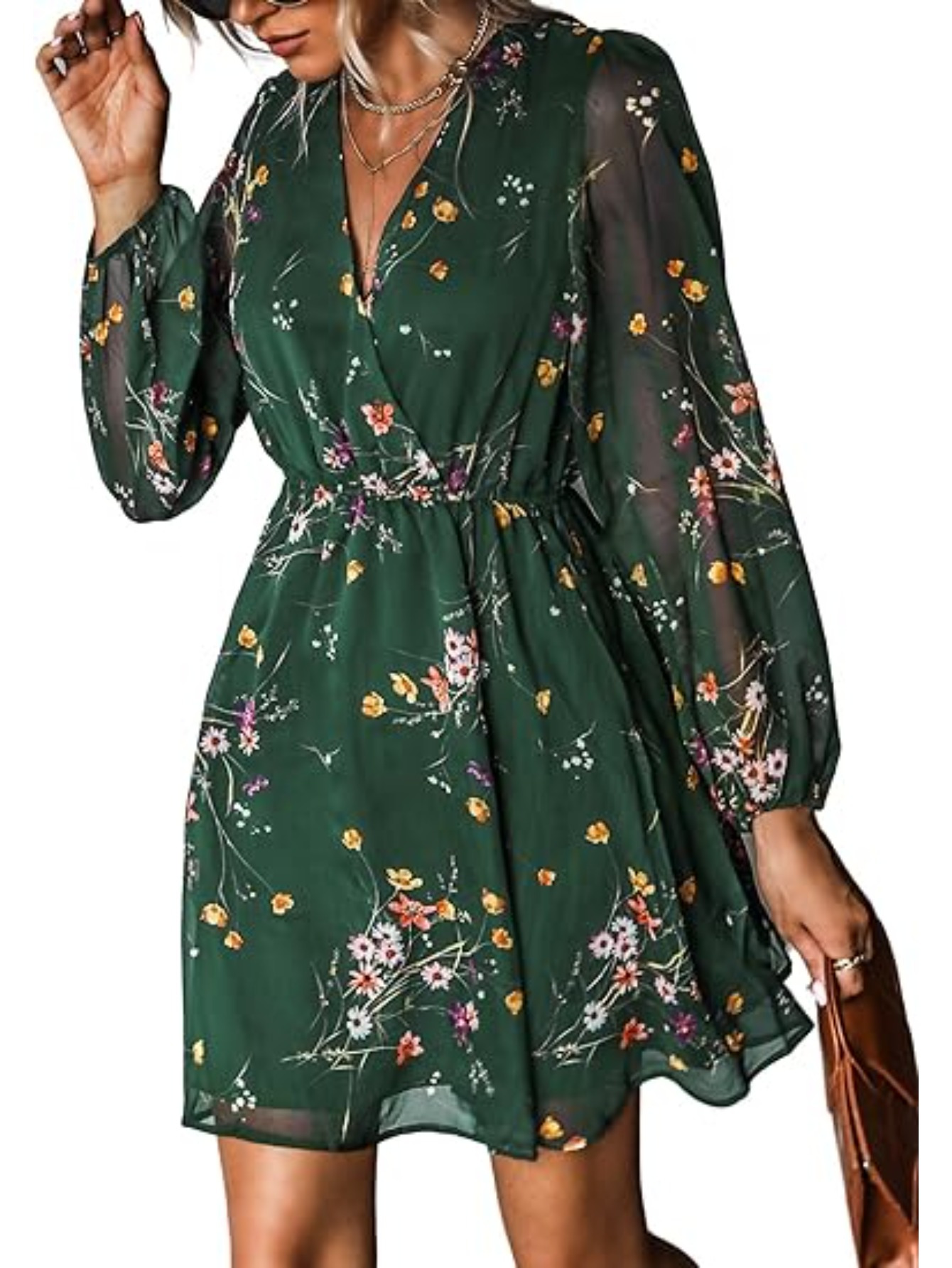women's floral chiffon mini dress - v-neck, long sleeve, flowy a- ,  lightweight polyester fabric, green with colorful floral print, spring and  summer casual wear, commuter style dress | dress | chiffon