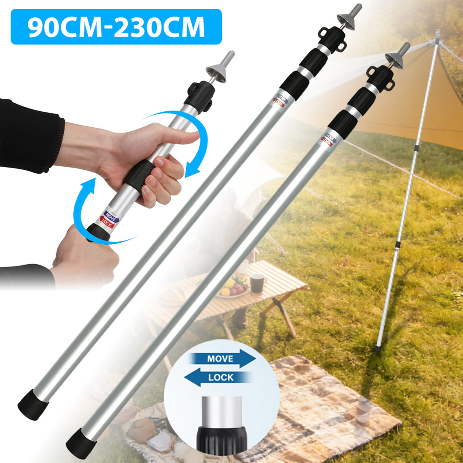 2pcs Tent Telescopic Pole Aluminium Alloy Frame Pole, Awning Tarpaulin Support Twist