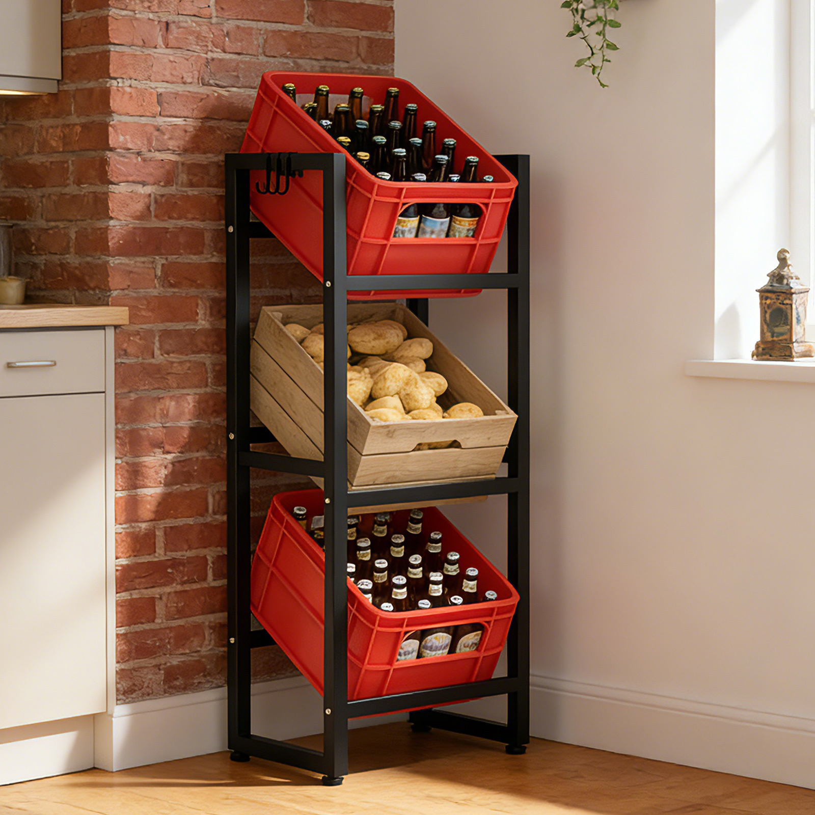 Beverage Crate Rack, 3 Tiers, Fruit And Vegetable Crate Shelf, 109 X 43cm, With Hooks For Commercial Bars, Catering Kitchens And Restaurants, Utility Racks
