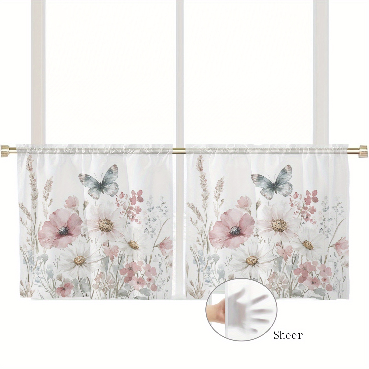 TEMU 2pcs Floral Easter Transparent Curtains Small Translucent Curtains Tulle Curtains Rod Pocket Transparent Curtains Window Decoration Living Room
