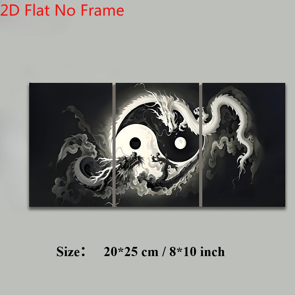 TEMU 2d Flat, 3pcs Frameless Yin Yang Dragon Wall Art Suitable For Indoor/home Decor - Modern Asian Canvas Painting With Symbols & Dragon Motif,
