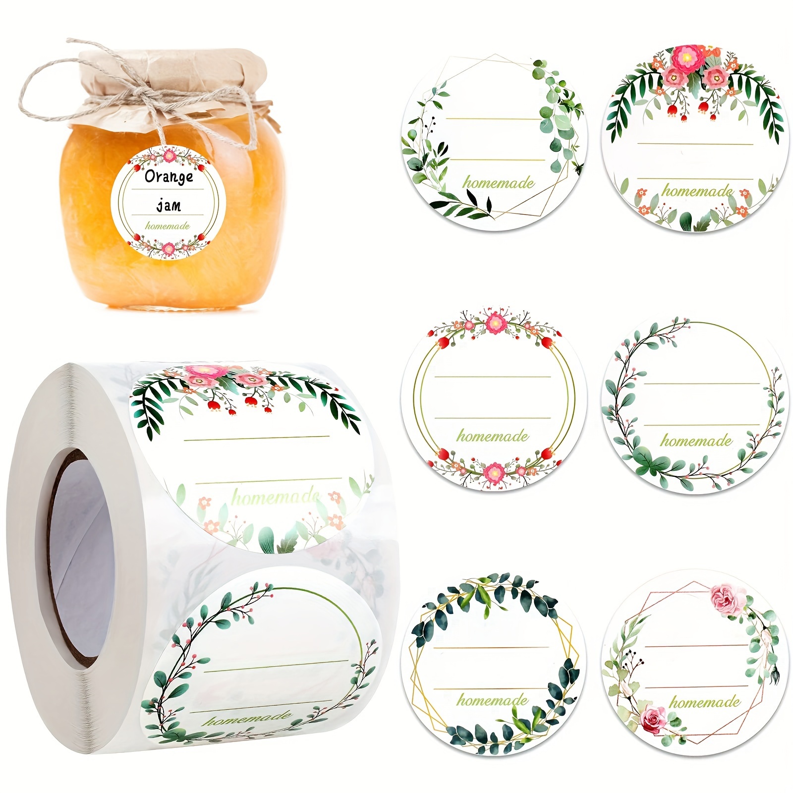 E-shop 500 selbstklebende Etiketten, Funvce 5 cm runde Klebeetiketten für Anhänger, Blumen-DIY-Gewürzflaschen-Aufkleber, Weihnachtsgeschenk-Sticker