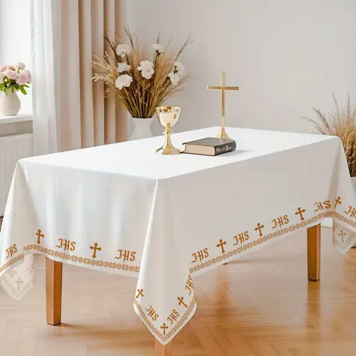 1pc elegant holy communion party rectangular tablecloth with cross for first communion christmas halloween easter size 147x230cm polyester machine made church ceremony altar rectangular tablecloth tablecloth elegant table setting polyester fabric