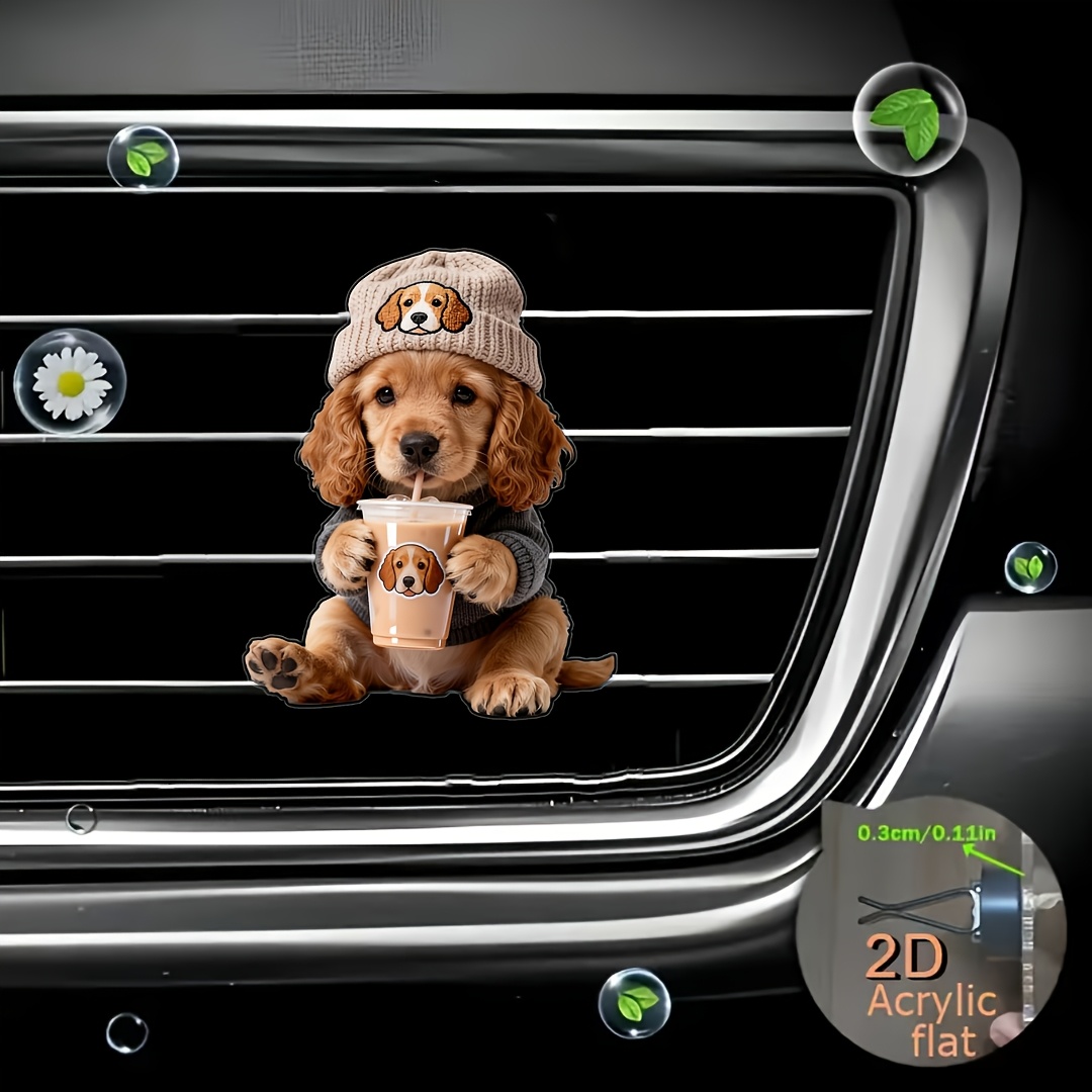TEMU 2d Flat, 1pc Cute Spaniel Drinking Milk Tea Car Vent Clip, Dog-themed Car Decoration With Odorless Sponge Pad, Fragrance Diffuser, 2d Acrylic