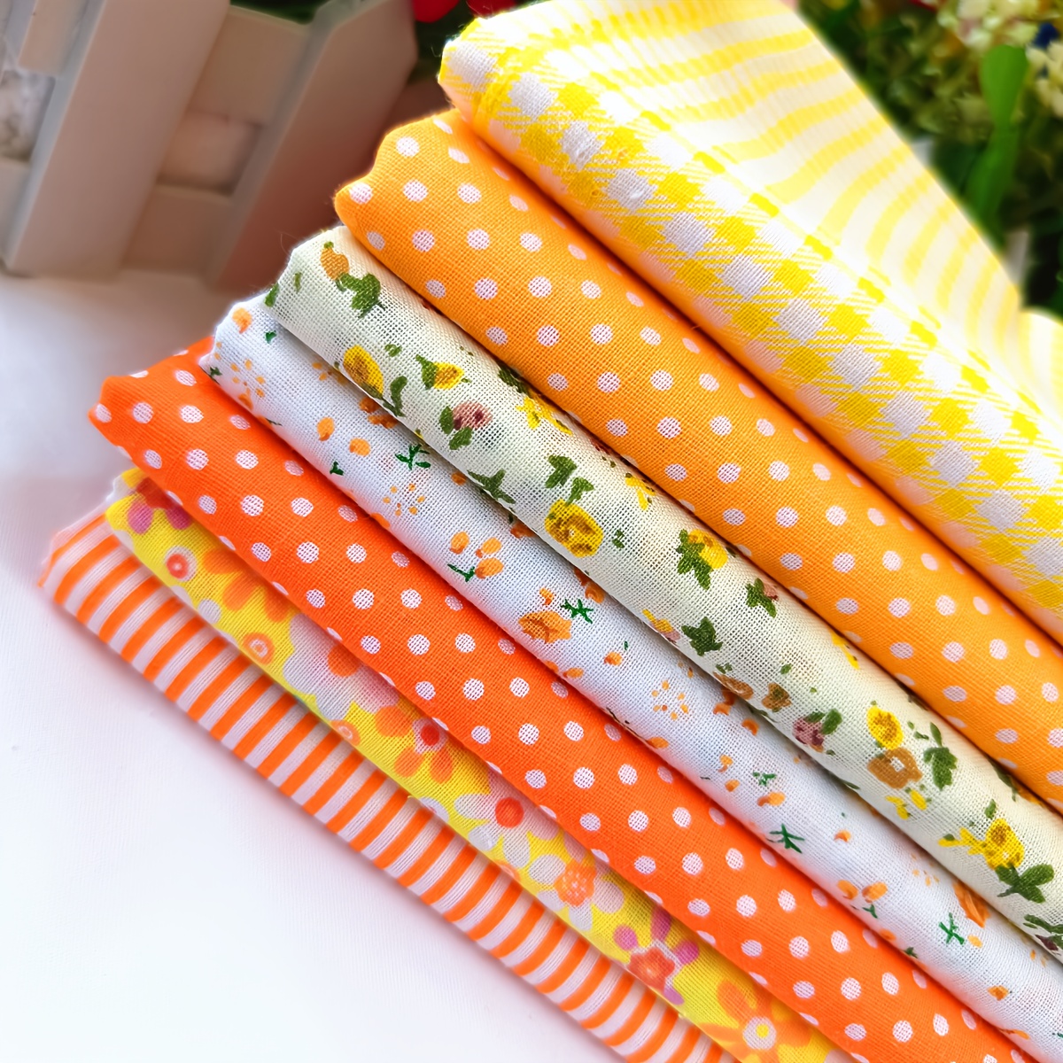 TEMU 7pcs Set 19.69 X 15.75 Inches Yellow Series Floral Fabrics, Including Various Pre-cut Fabrics, Suitable For Handmade Bows, Sewing Crafts,