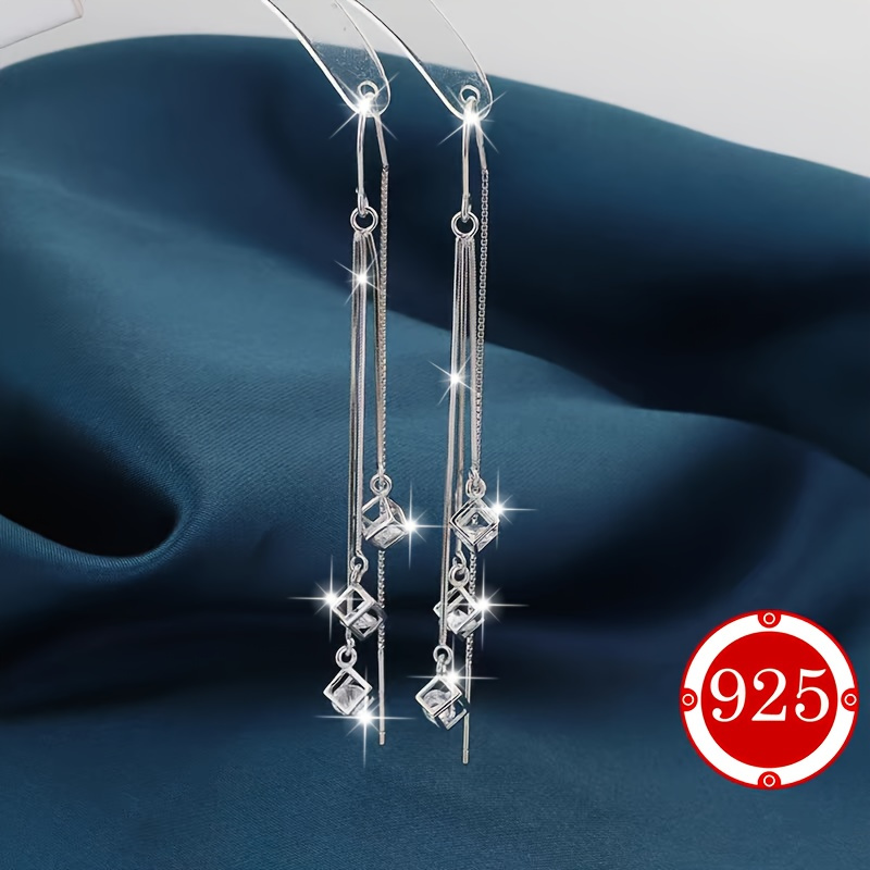 TEMU Elegant 925 Sterling Silver Cubic Tassel Design Pendant Earrings - Free, Suitable For Daily Wear And Special Occasions, For Her
