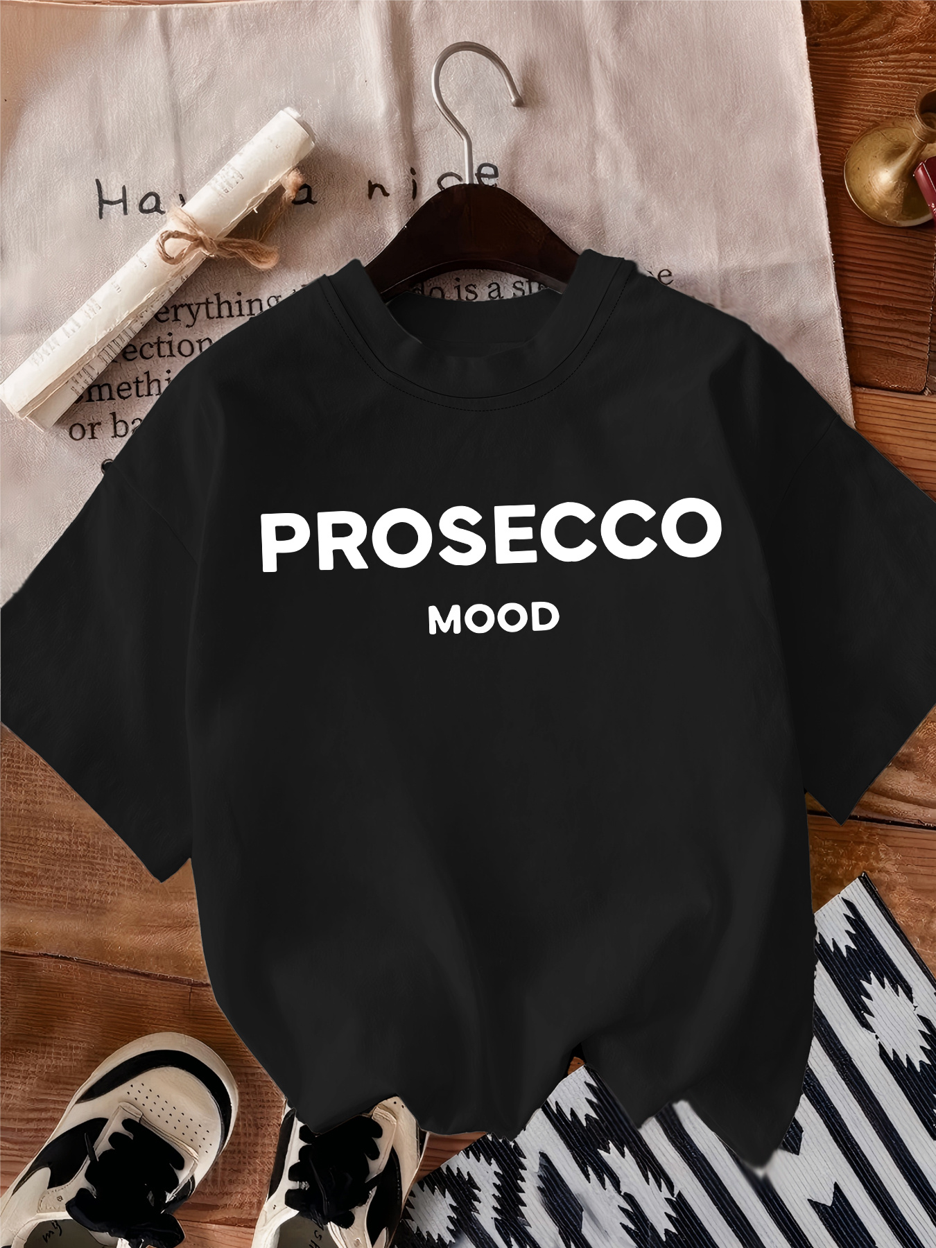 PROSECCO MOOD Print Casual Short Sleeve Crew Neck T-shirt, Polyester Women'S Clothing, Alphabets Pattern, Regular Length, Crew Neck Style, All Season
