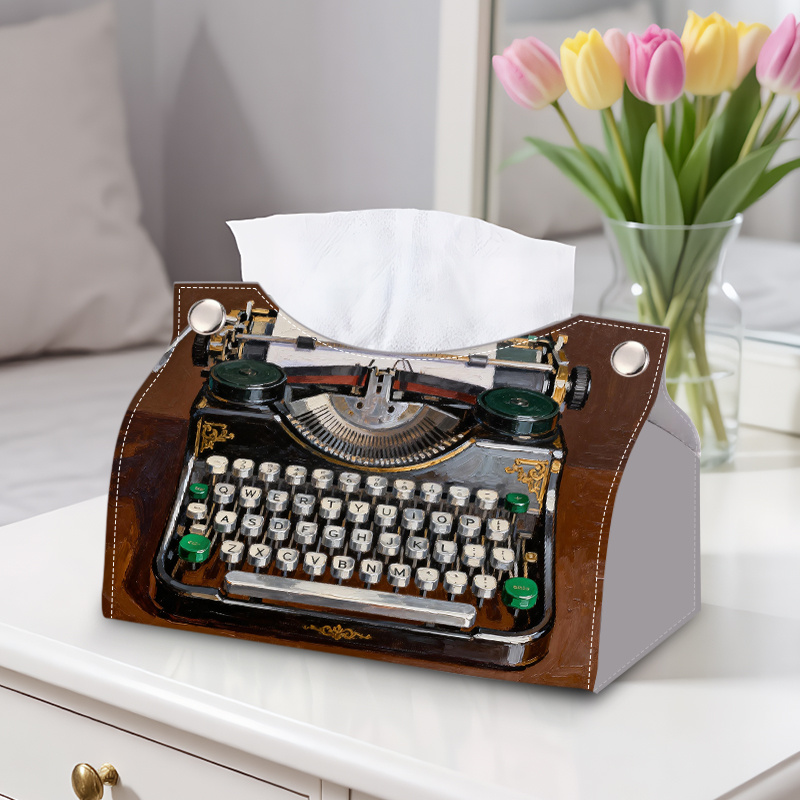 TEMU 1pc Tissue Box - Retro Faux Leather Square Tissue Holder Suitable For Home Office Desk Decor, Classic Typewriter With Tissue Roll Storage, Functional Paper Holder For Living Room & Accessory