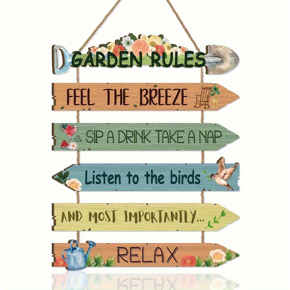 E-shop 2D Flach, 2D Flach 6-teiliges Holz-Gartenregeln-Wanddekor-Set - Rustikaler Stil mit Blumen- Vogelmuster, Entspannende Zitate, Für