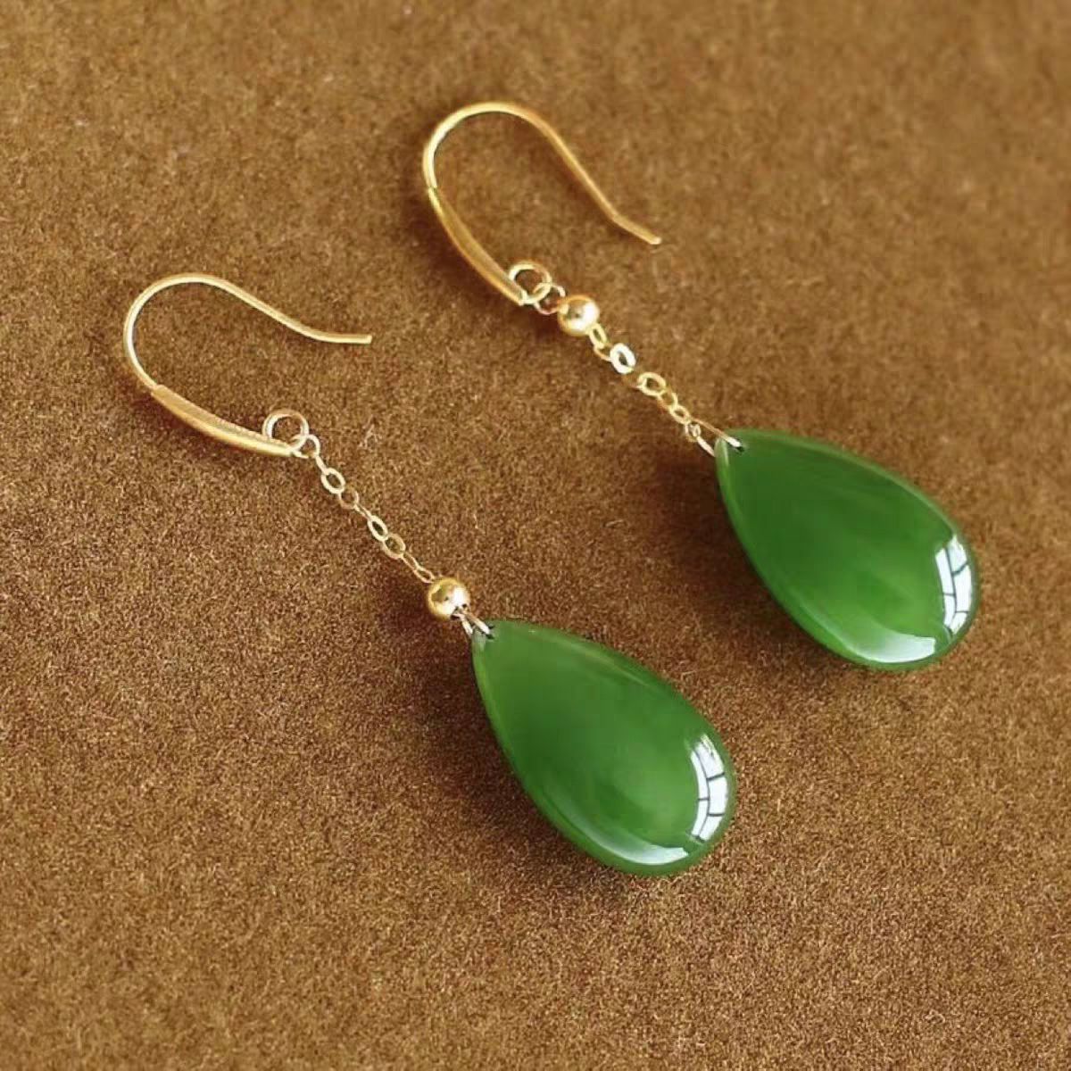 TEMU Women's Retro Long Pendant Earrings Golden Hook Chain Tear Drop Green Stone Pendant Earrings Elegant Natural Stone Jewelry Daily Party Gifts