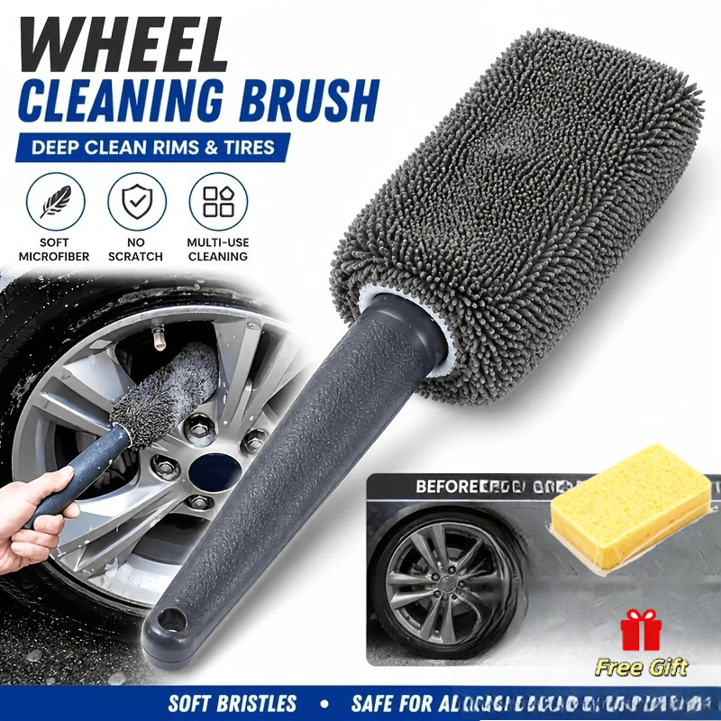 TEMU 2pcs Set: 1 Cleaning Brush + 1 Sponge. Soft Microfiber Car Wheel Cleaning Brush, Scratch-free Rim And Tire Brush, Flexible Deep Tool. Suitable