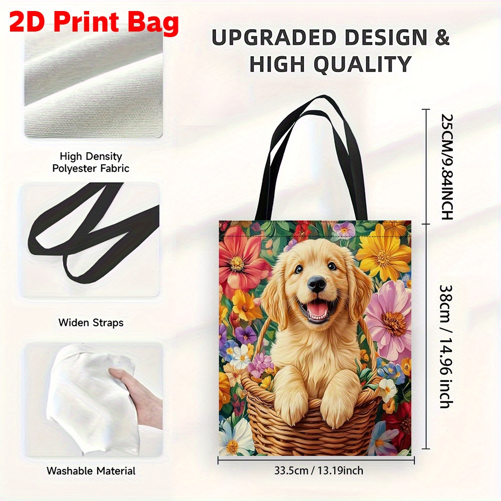 TEMU 1 sac imprimé en 2D avec un Golden Retriever dans un panier de fleurs. Grand, réutilisable et polyvalent, il est idéal pour décontractées et une