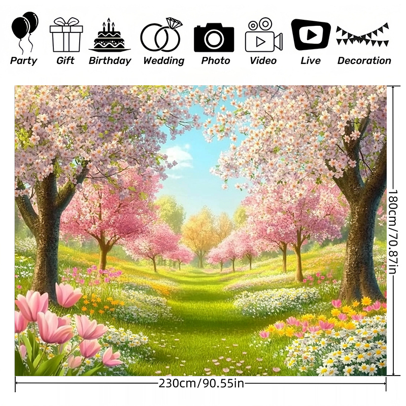 TEMU Cherry Backdrop Pink Blooming Polyester Photography Backdrop Large Size Photographic Cloth Outdoor And Indoor Party Banners Perfect For Spring