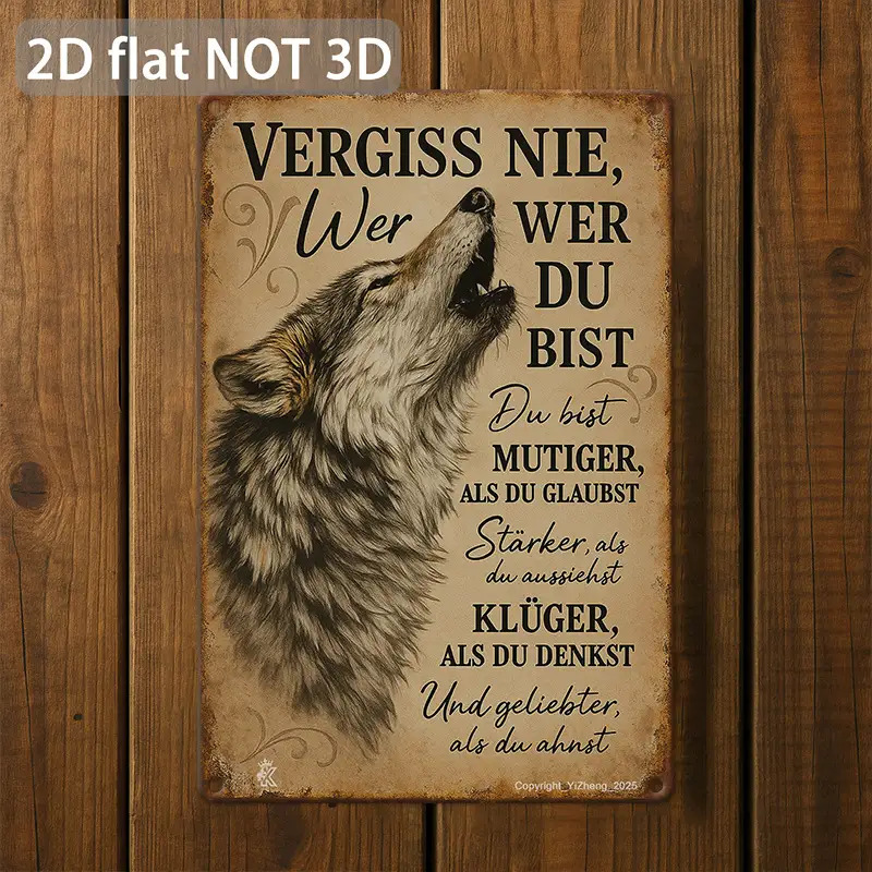 Image of [2d Flat] 1pc, Vintage German Wolf Motivational Metal Sign, " " Rustic Metal Plaque For Man Cave, Farmhouse, Bathroom, Bar, Kitchen, Office, Yard, Patio, Home Wall Art Decor, 8x12 Inch