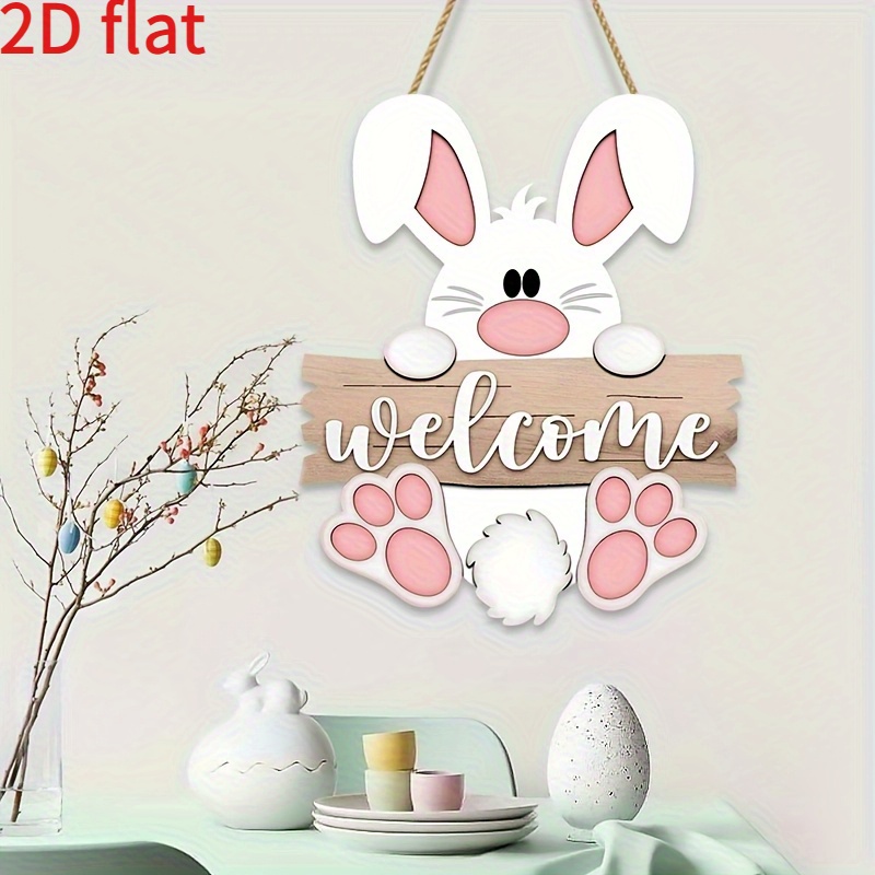 2d Flat Wooden Printed 1pc Rabbit Welcome Sign, Door Hanging Decor, Entrance Courtyard Hanging Sign, Meeting 11pcs Festival Usable Products