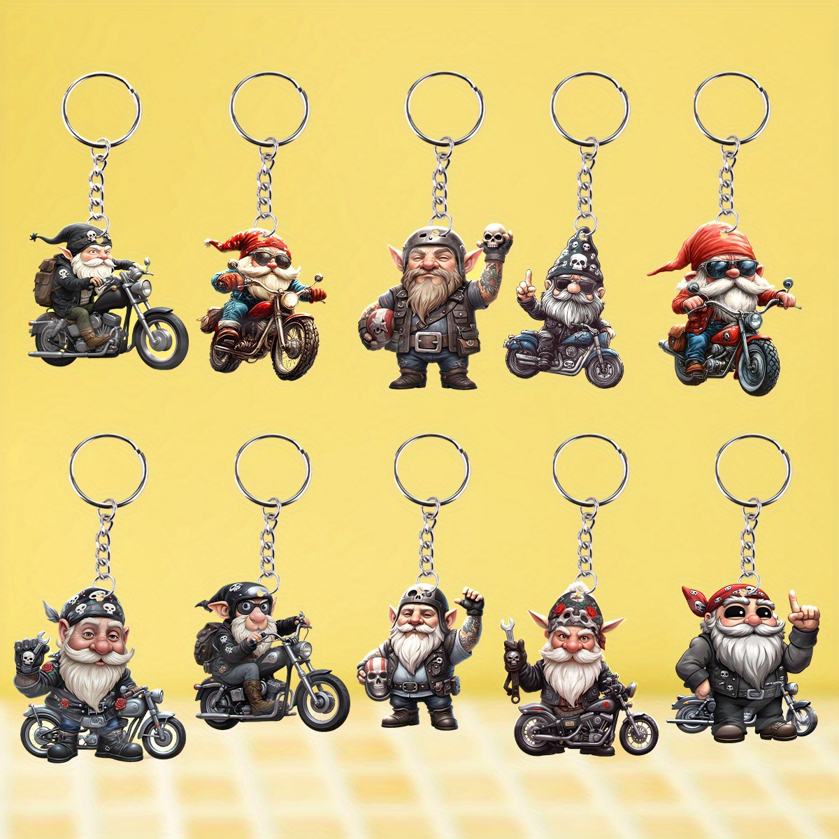 TEMU Gift For Her/him 10pcs Acrylic Riding Bicycle Gnome Keychain Set | Cool Motor Gnome Party Favors, Backpack Charming Hanging Pendants, Weddings,