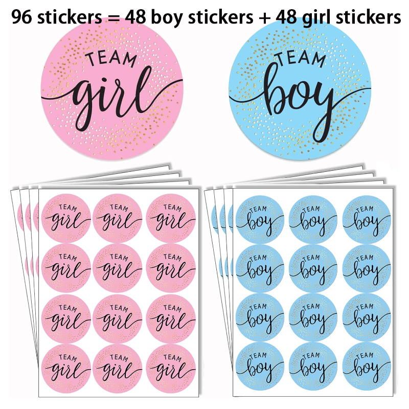 Image of Set Of 96 Gender Reveal Stickers - 48 For Team Boy And 48 For Team Girl - Circular Labels In Blue And Pink, Perfect For Game , Party Decorations For Celebrations, Gender Identification, And Office Use
