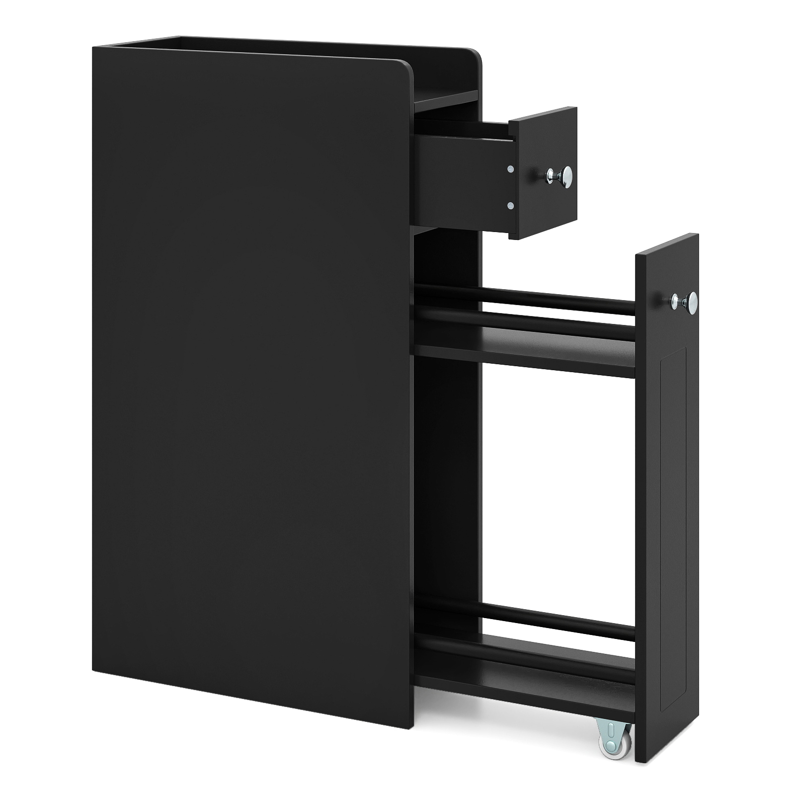 Image of Small Bathroom Storage Cabinet, 4-tier Narrow Toilet Side Storage Cabinet W/slide Out Drawers On Casters, Slim Bathroom Floor Organizer Toilet Paper Holder For Small Spaces, Black