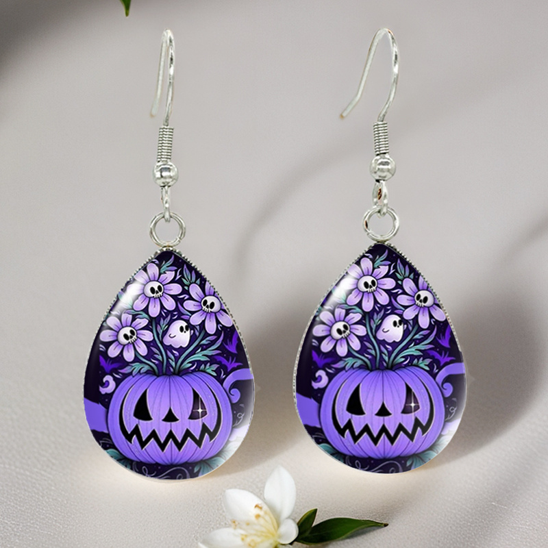 TEMU Stylish Stainless Steel Earrings Featuring A Mysterious Purple Pumpkin Flower Pattern With Water Drop Glass Hooks, Perfect As A Gift, Without