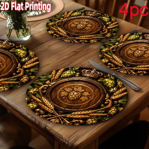 item picture 2d flat 4pcs 15x15in exquisite placemats hop golden theme anti slip heat resistant washable and durable round shape suitable for and table party decoration easy to clean
