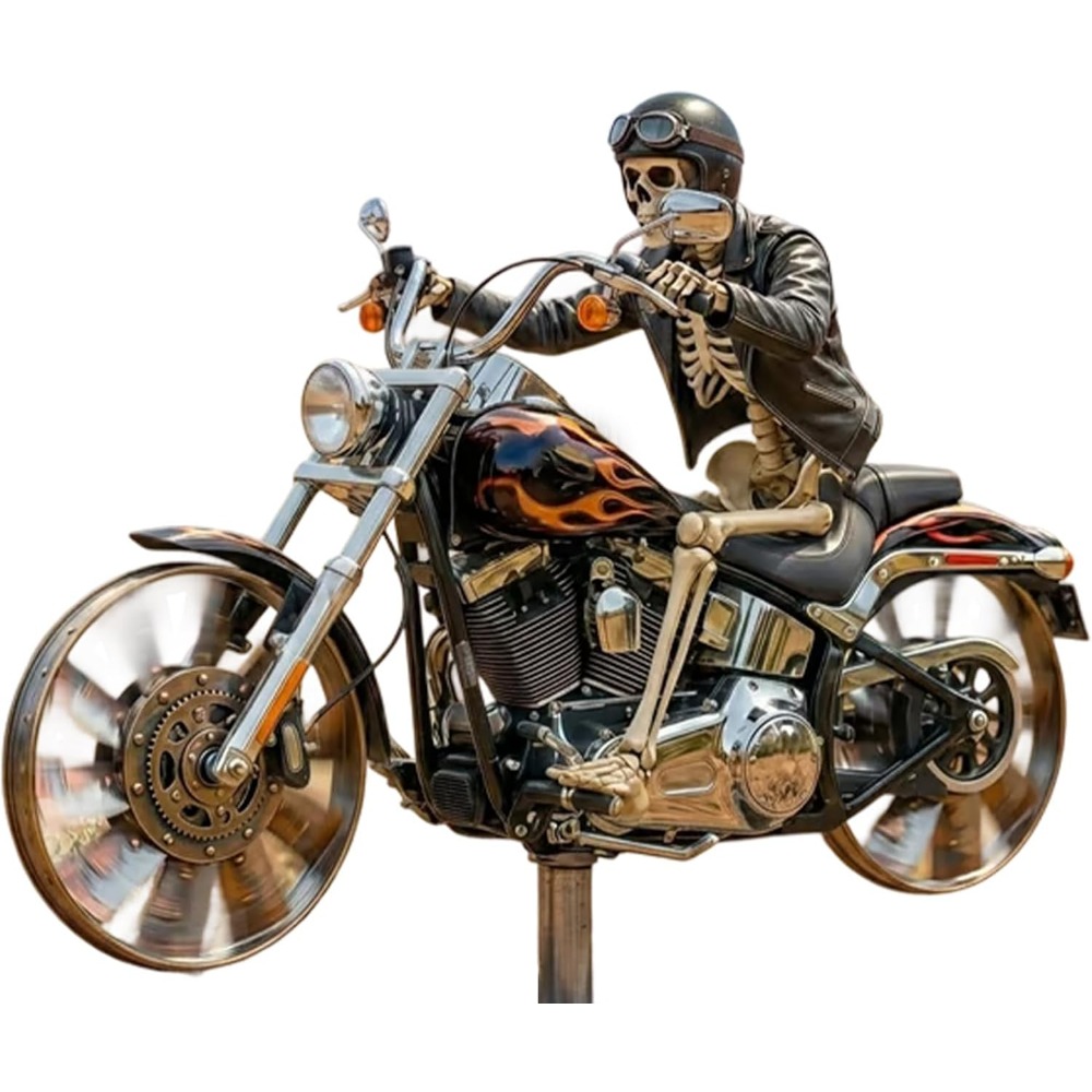 E-shop 2D Flach-Skelett Motorrad Windspiel, Biker Totenkopf Windmühle, Harz Outdoor Skulptur für Terrasse Garten, Geschenk für Motorradliebhaber