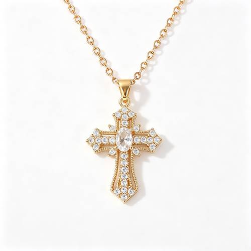 Women Sparkling Rhinestone Cross Pendant Necklace, Hollow Punk Retro Design Clavicle Chain, Exquisite Present for Family Friends
